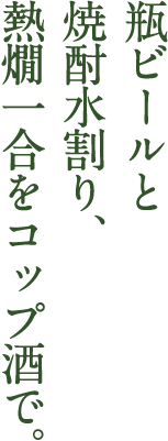 瓶ビールと焼酎水割り、熱燗一合をコップ酒で。